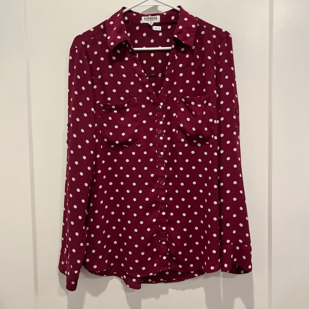 Express The Portofino Shirt Slim Fit Burgundy Polka Dot Button Up Blouse Large